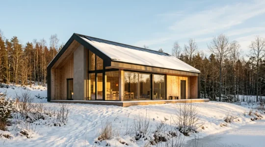 Maison passive moderne avec grandes baies vitrées orientées sud sous un soleil hivernal doré