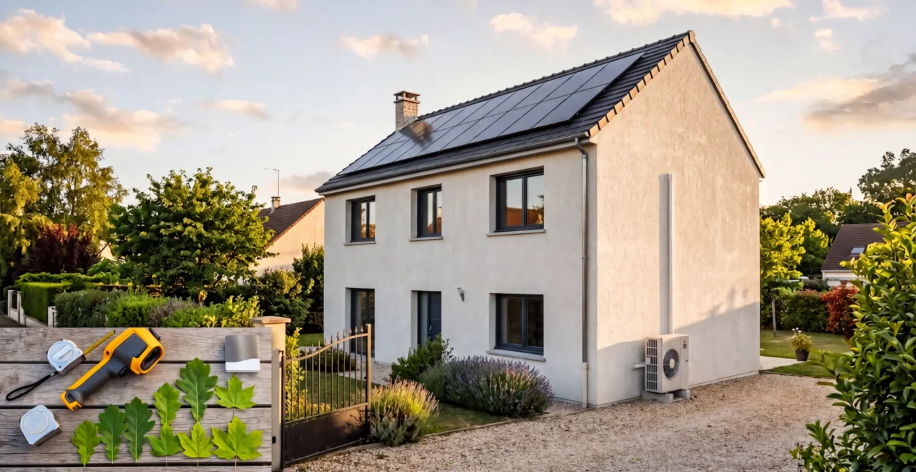 Vue extérieure d'une maison récemment rénovée au niveau BBC avec isolation par l'extérieur et panneaux solaires