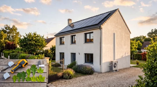 Vue extérieure d'une maison récemment rénovée au niveau BBC avec isolation par l'extérieur et panneaux solaires