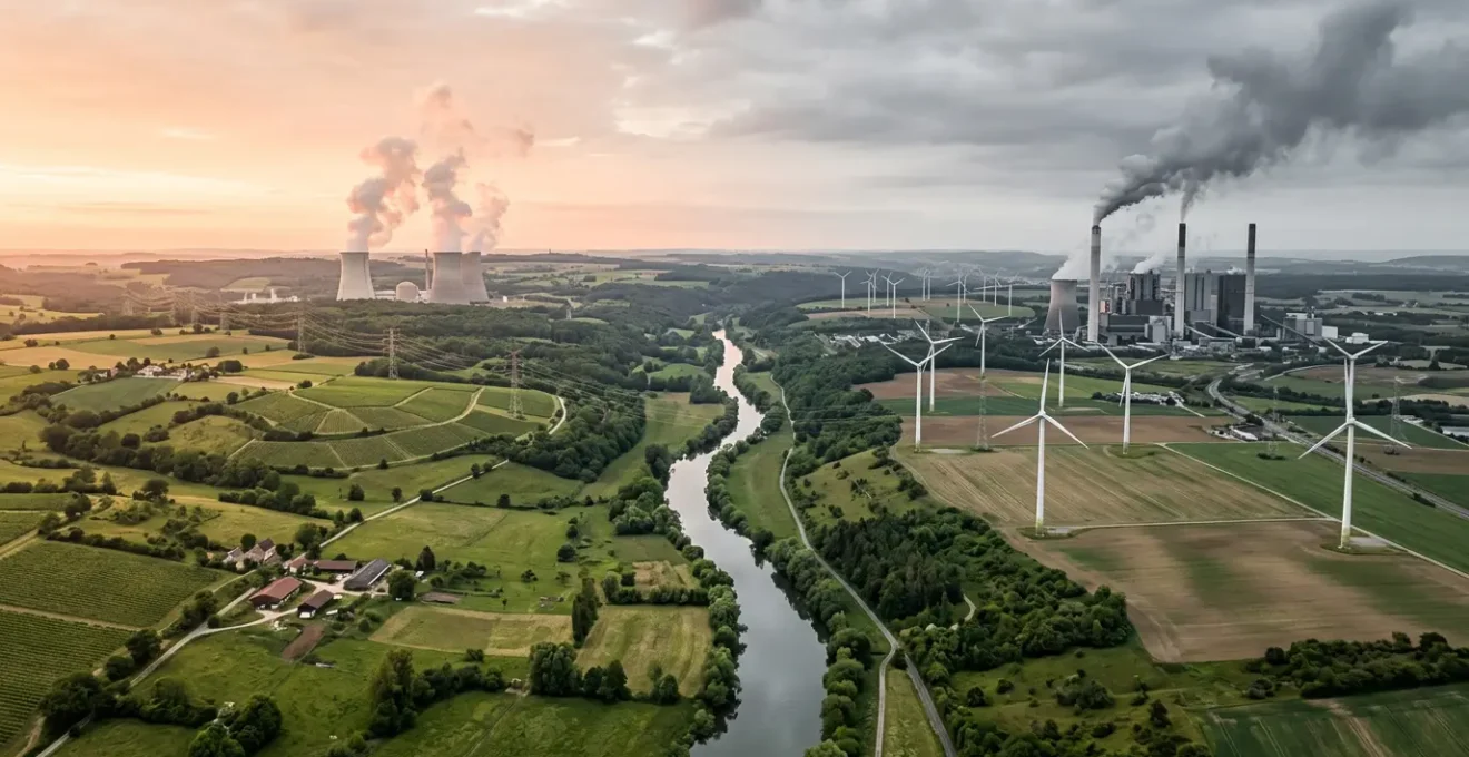 Vue comparative de paysages énergétiques français et allemand avec éoliennes, centrale nucléaire et installations électriques