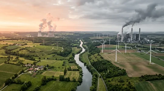 Vue comparative de paysages énergétiques français et allemand avec éoliennes, centrale nucléaire et installations électriques