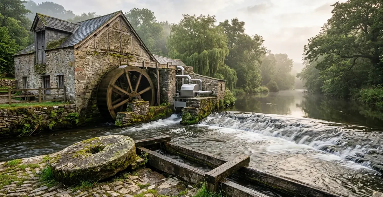 Vue d'un ancien moulin à eau avec roue à aubes et installation hydroélectrique moderne en arrière-plan