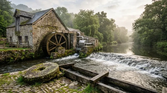Vue d'un ancien moulin à eau avec roue à aubes et installation hydroélectrique moderne en arrière-plan