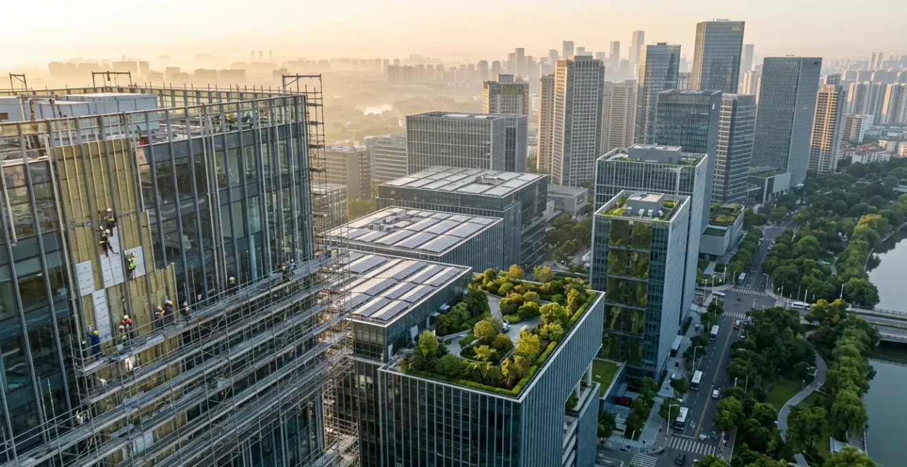 Vue panoramique d'un quartier d'affaires moderne avec des bâtiments de bureaux en cours de rénovation énergétique