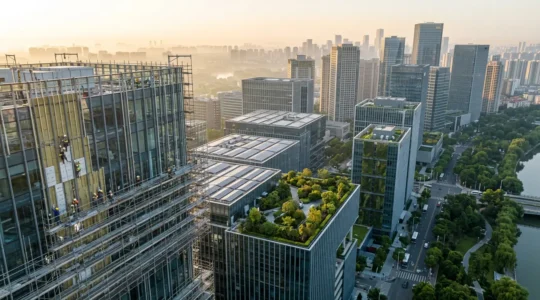 Vue panoramique d'un quartier d'affaires moderne avec des bâtiments de bureaux en cours de rénovation énergétique