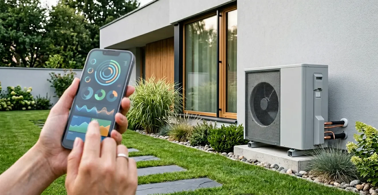 Vue d'une pompe à chaleur moderne dans un jardin avec surveillance via smartphone
