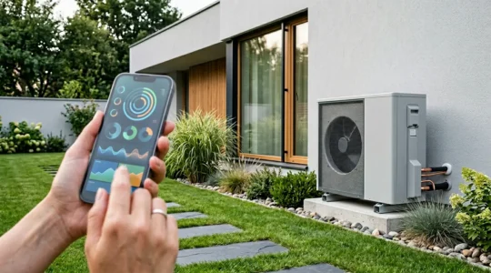 Vue d'une pompe à chaleur moderne dans un jardin avec surveillance via smartphone