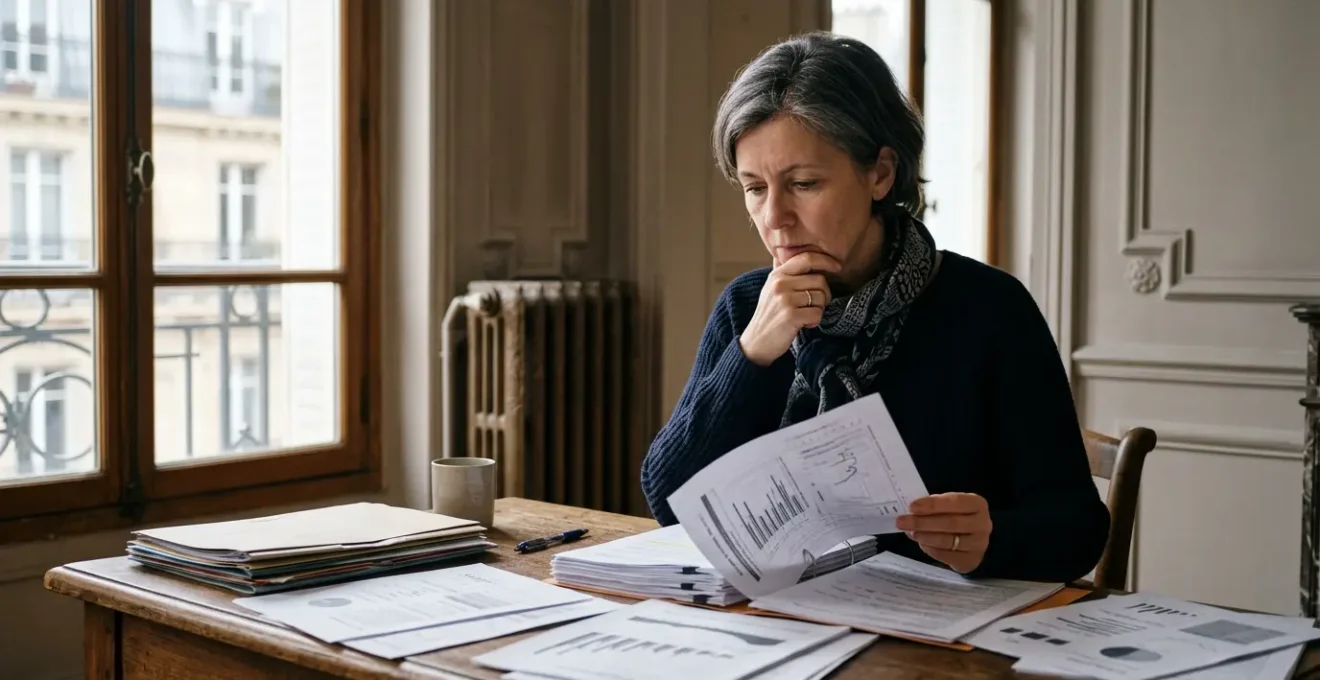 Propriétaire bailleur examinant des documents de diagnostic énergétique devant un immeuble ancien nécessitant une rénovation thermique