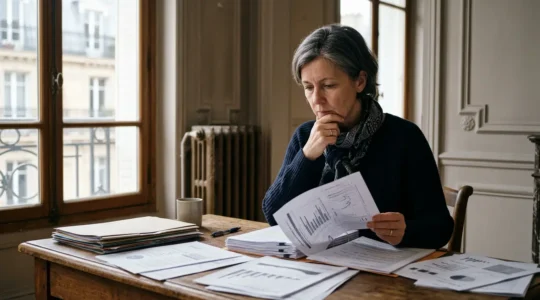 Propriétaire bailleur examinant des documents de diagnostic énergétique devant un immeuble ancien nécessitant une rénovation thermique