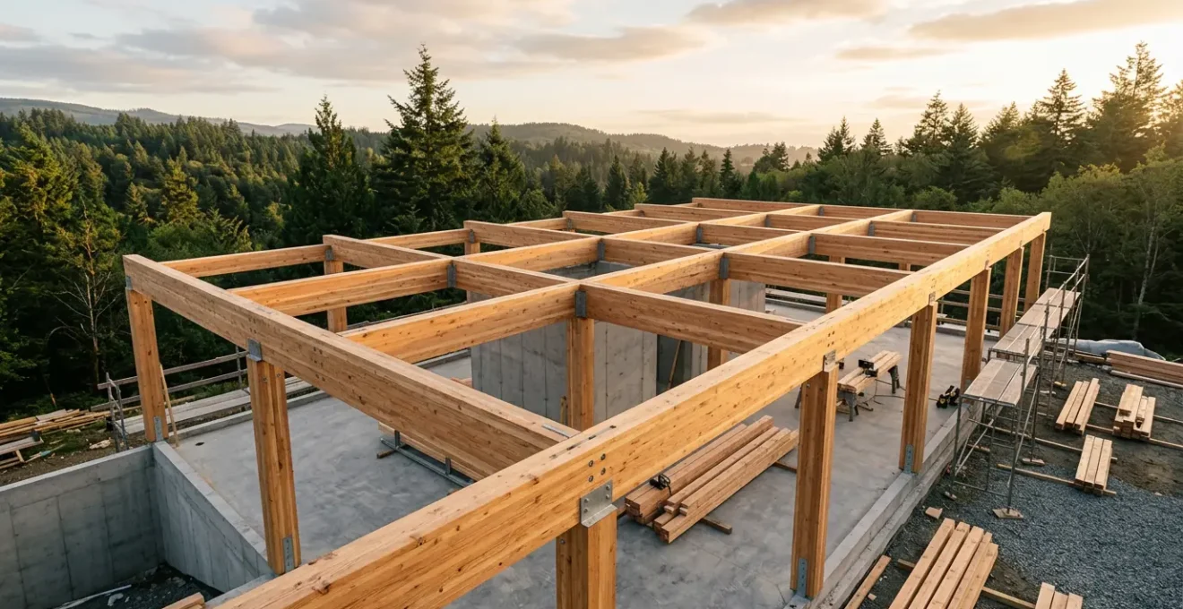 Vue architecturale moderne d'une structure mixte bois-béton en construction, montrant la charpente en CLT et les fondations en béton bas carbone, dans un environnement naturel verdoyant