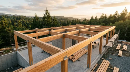 Vue architecturale moderne d'une structure mixte bois-béton en construction, montrant la charpente en CLT et les fondations en béton bas carbone, dans un environnement naturel verdoyant