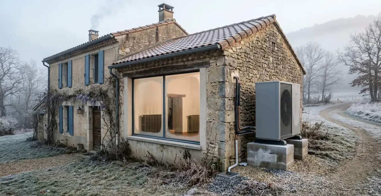 Installation d'une pompe à chaleur air-eau à côté d'une maison avec des radiateurs en fonte visibles par les fenêtres