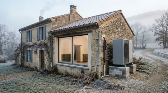 Installation d'une pompe à chaleur air-eau à côté d'une maison avec des radiateurs en fonte visibles par les fenêtres