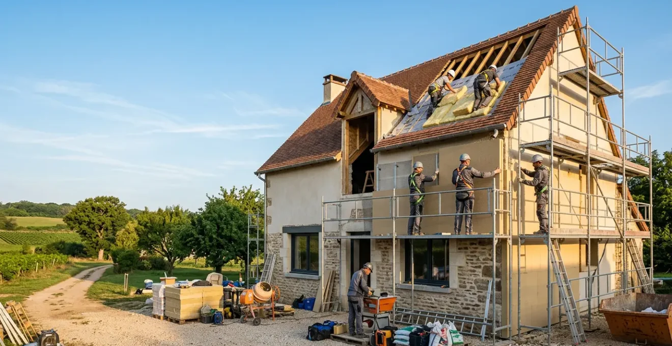 Vue d'ensemble d'un chantier de rénovation énergétique avec plusieurs corps de métiers travaillant en coordination sur une maison individuelle