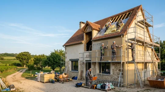 Vue d'ensemble d'un chantier de rénovation énergétique avec plusieurs corps de métiers travaillant en coordination sur une maison individuelle