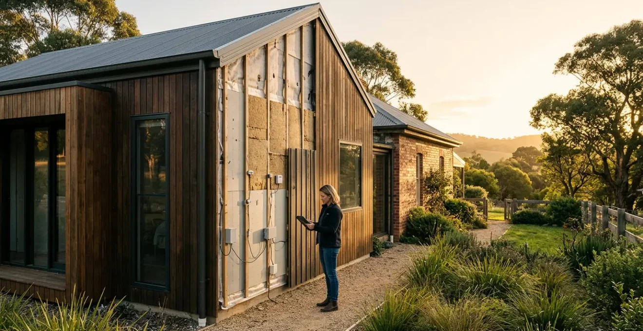 Vue d'une maison moderne avec isolation thermique visible et capteurs de performance énergétique installés