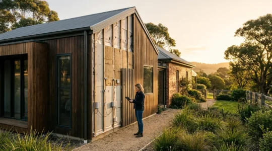 Vue d'une maison moderne avec isolation thermique visible et capteurs de performance énergétique installés
