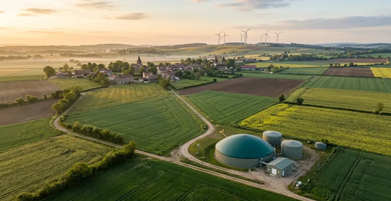 Vue aérienne d'une exploitation agricole française moderne avec méthaniseur intégré dans le paysage rural et réseau de distribution énergétique visible