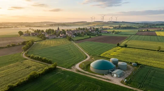 Vue aérienne d'une exploitation agricole française moderne avec méthaniseur intégré dans le paysage rural et réseau de distribution énergétique visible