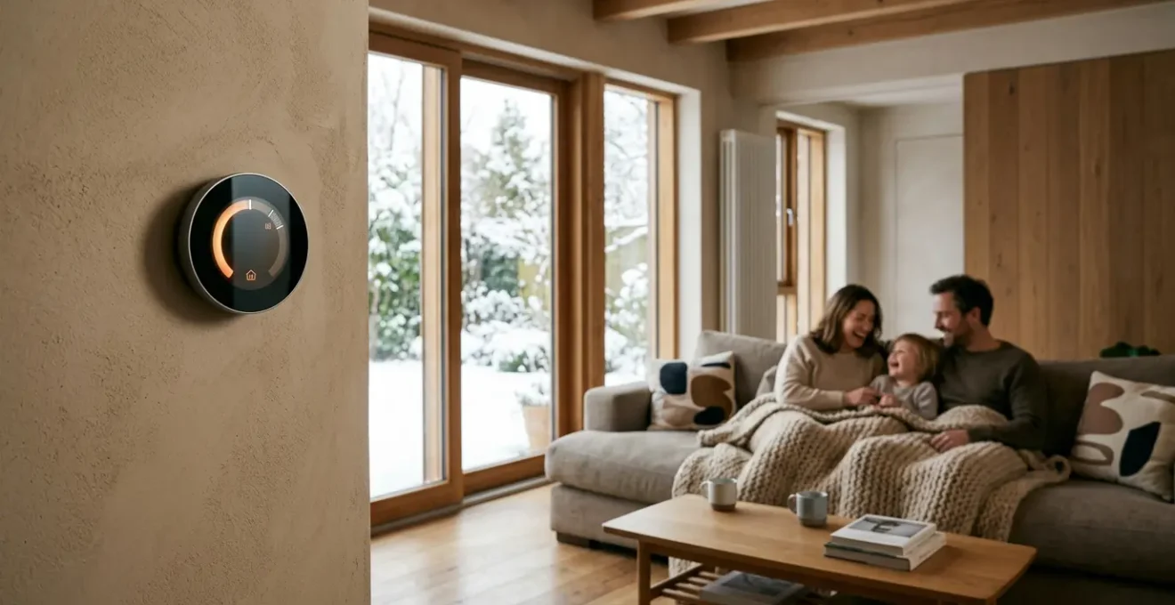 Installation moderne d'un thermostat programmable dans un salon lumineux avec une famille confortable en arrière-plan
