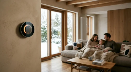Installation moderne d'un thermostat programmable dans un salon lumineux avec une famille confortable en arrière-plan