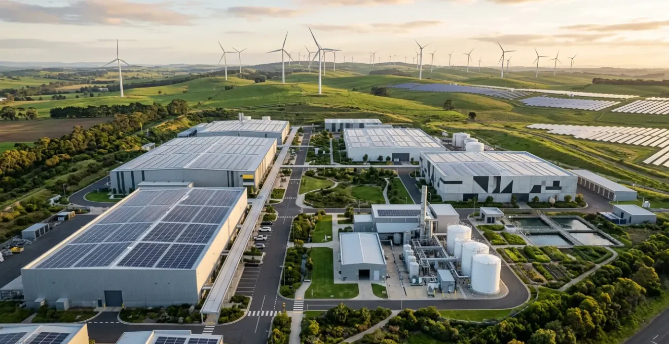 Vue aérienne d'un complexe industriel moderne avec installations solaires et espaces verts intégrés