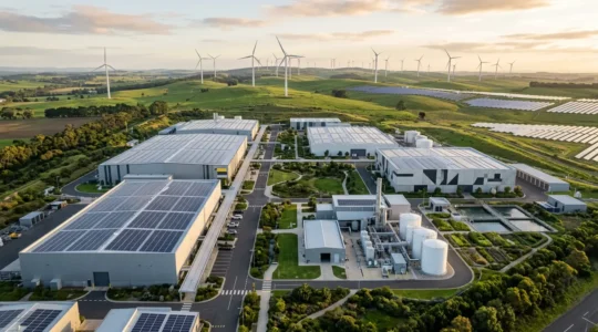 Vue aérienne d'un complexe industriel moderne avec installations solaires et espaces verts intégrés