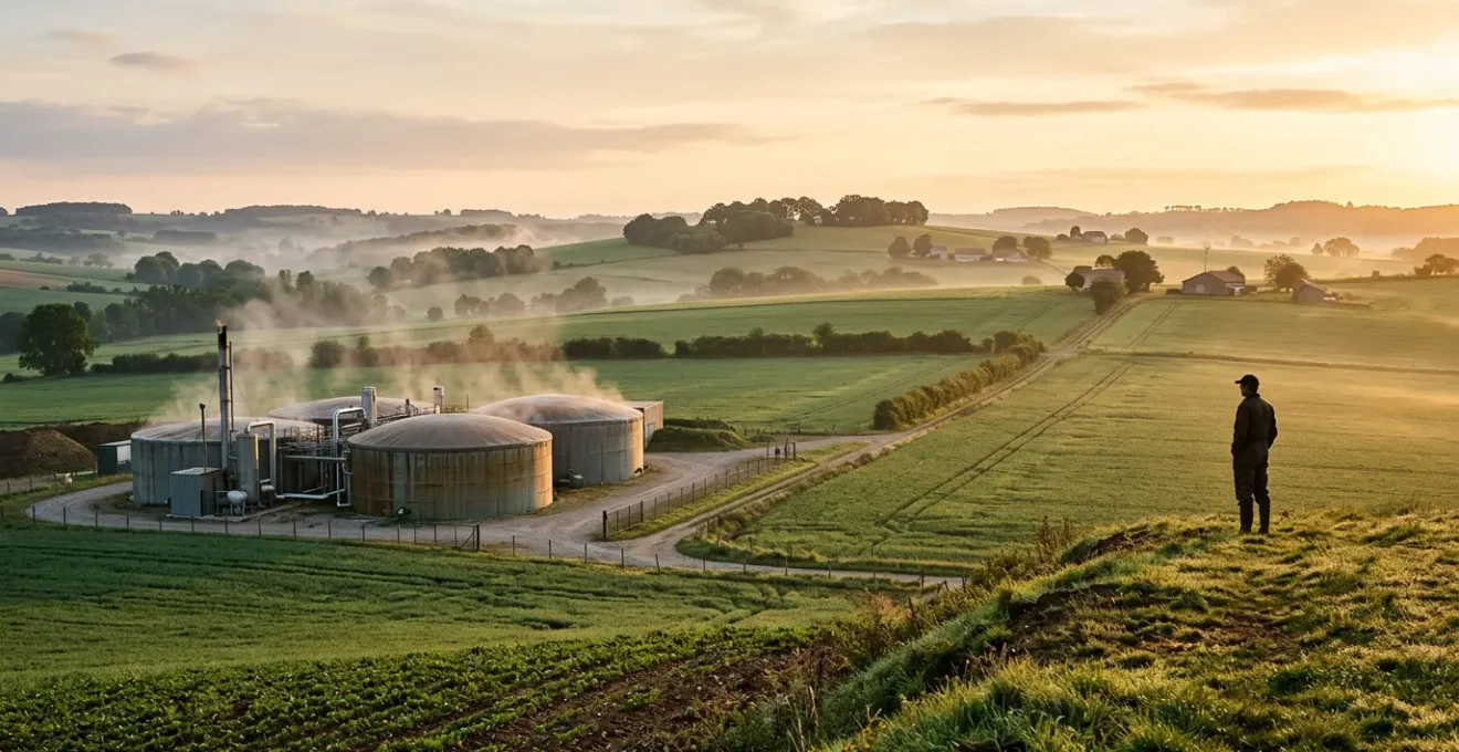 Agriculteur contemplant son installation de méthanisation transformant les déchets en énergie verte dans un paysage rural