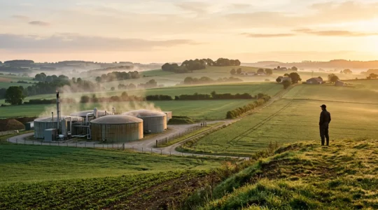 Agriculteur contemplant son installation de méthanisation transformant les déchets en énergie verte dans un paysage rural