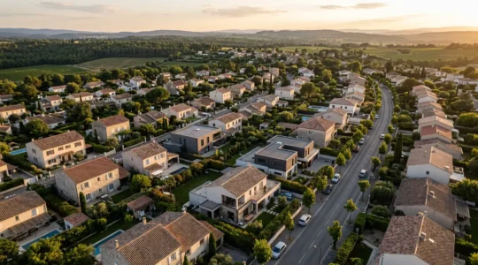Vue aérienne d'un quartier résidentiel français avec étiquettes énergétiques colorées flottant au-dessus des maisons