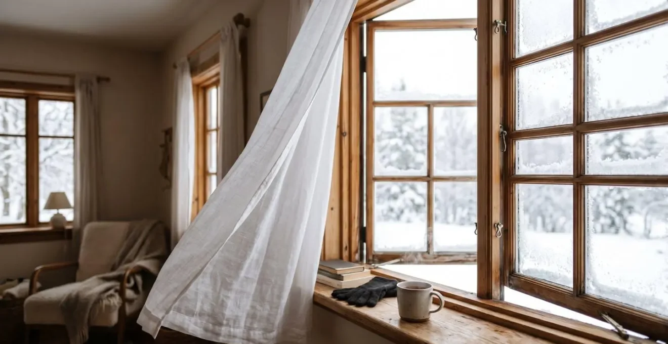 Fenêtre ouverte en hiver avec rideau flottant et intérieur cosy