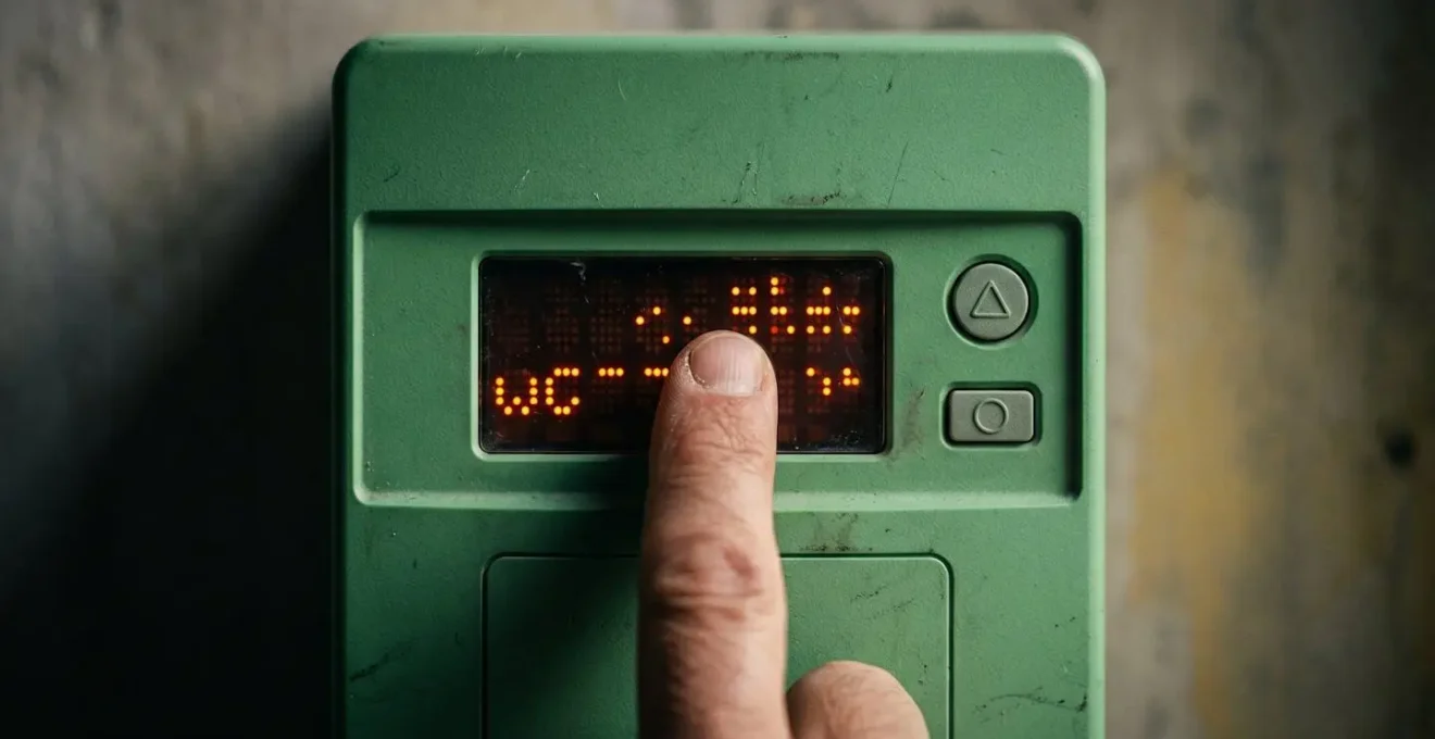 Gros plan sur un compteur électrique moderne avec main pointant l'affichage