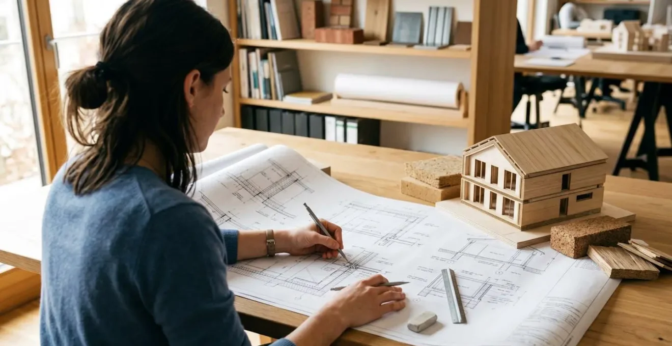 Bureau d'étude thermique avec plans architecturaux et maquette 3D de maison passive