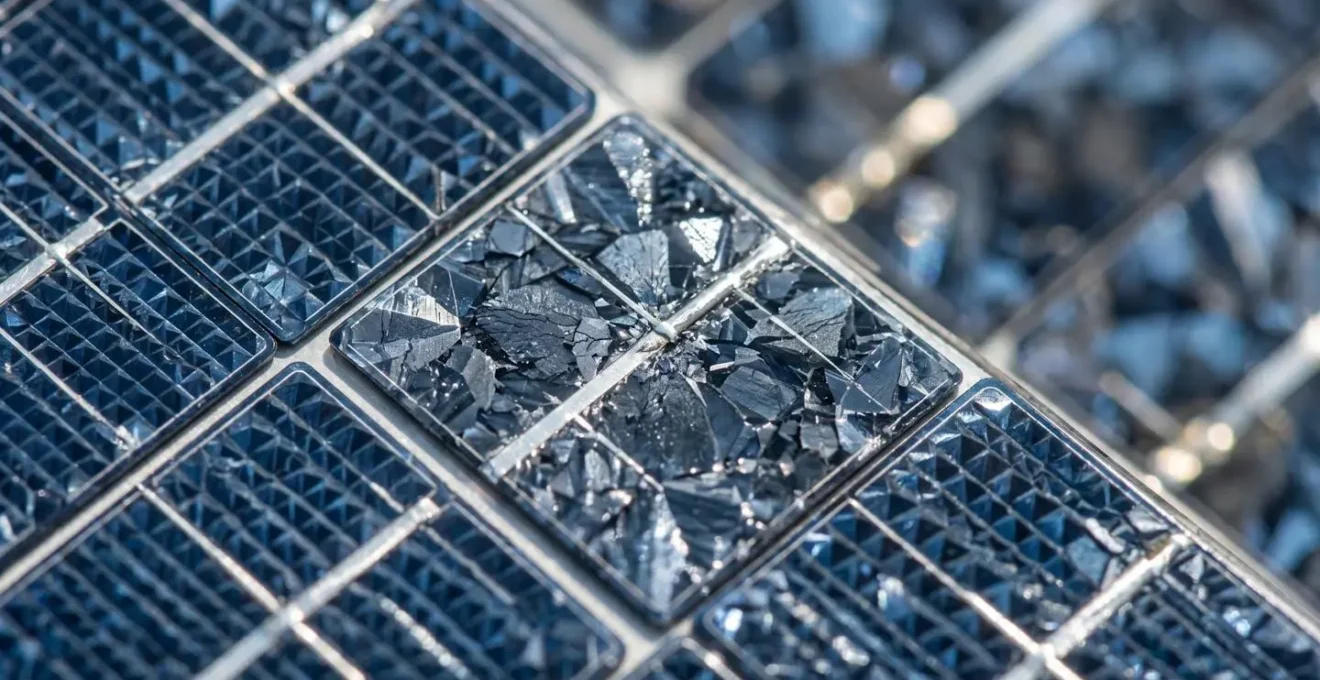 Vue macro détaillée de cellules photovoltaïques avec reflets lumineux et textures cristallines