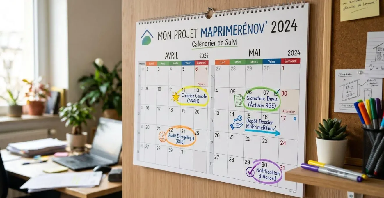 Calendrier mural avec marqueurs colorés indiquant les étapes clés MaPrimeRénov'