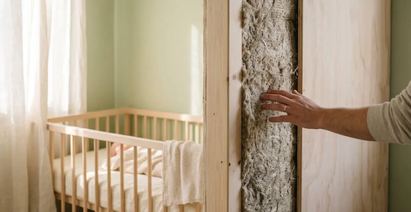 Chambre de bébé avec isolation visible en laine de chanvre créant une atmosphère apaisante