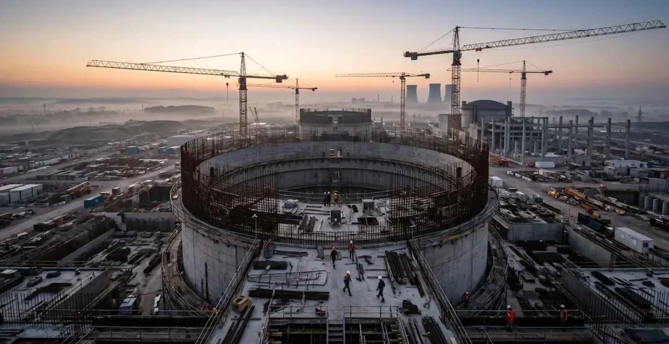 Vue aérienne d'un chantier de construction d'un réacteur EPR avec grues et structures en béton