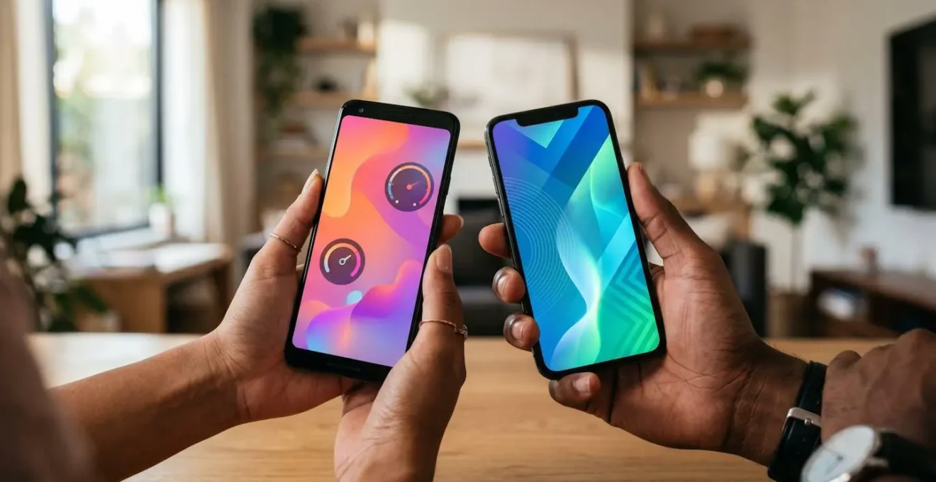 Mains tenant deux smartphones côte à côte montrant des interfaces abstraites colorées