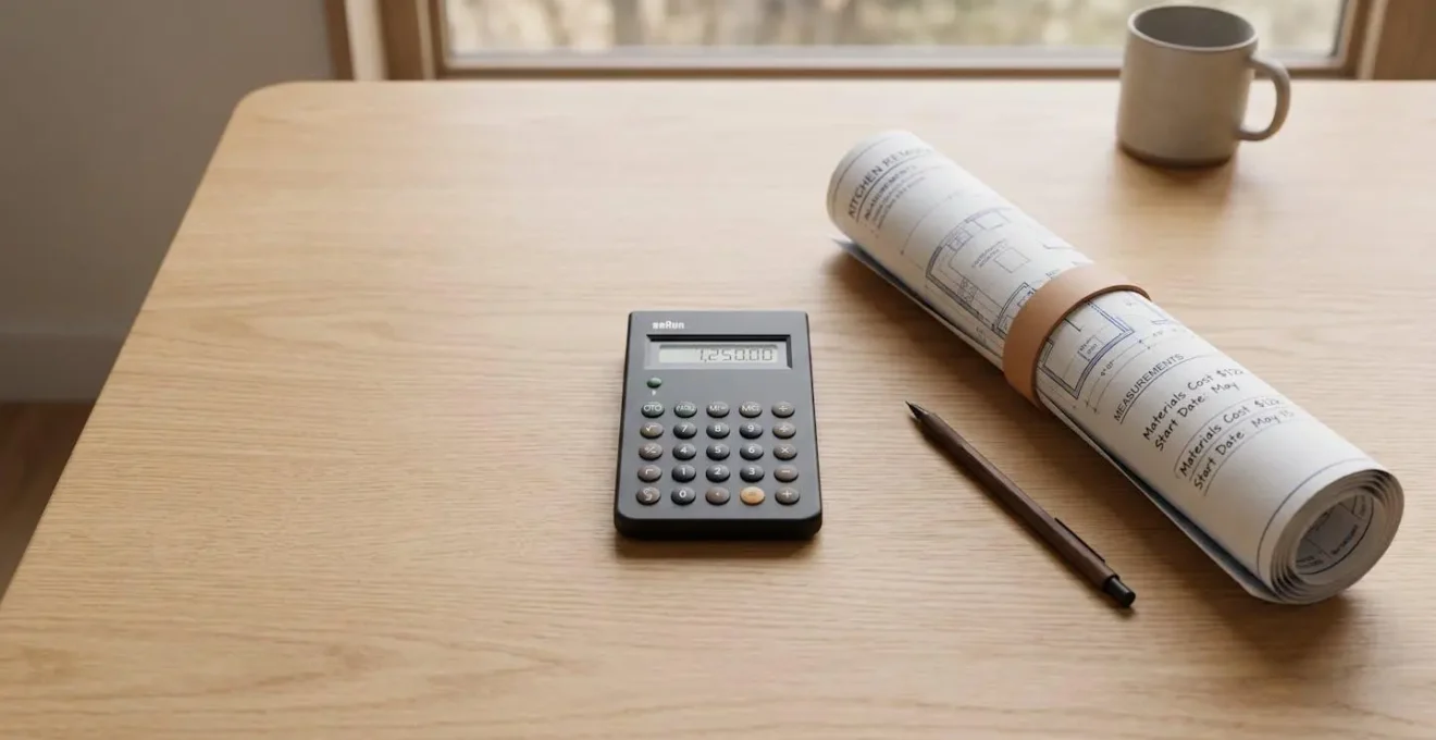 Vue minimaliste d'une calculatrice et plans de rénovation sur table épurée