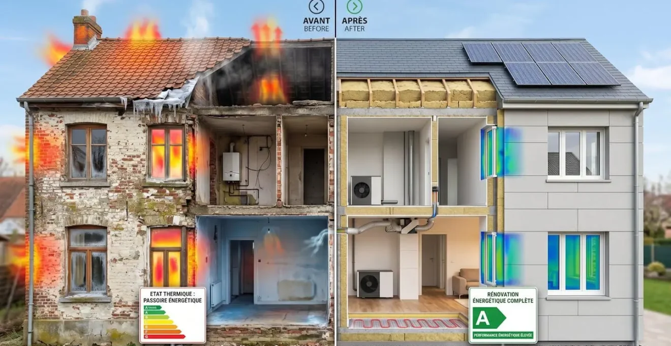 Maison divisée en deux montrant d'un côté l'état de passoire thermique et de l'autre la rénovation énergétique achevée