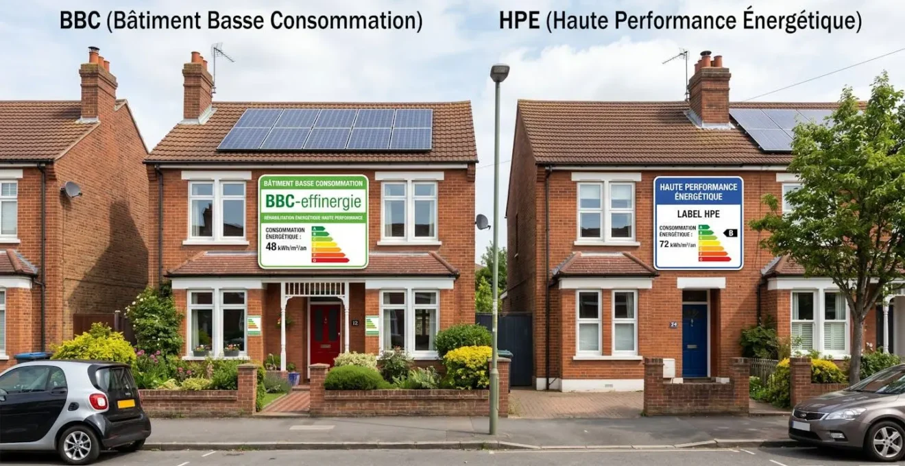 Maisons jumelées illustrant visuellement la différence entre les labels BBC et HPE