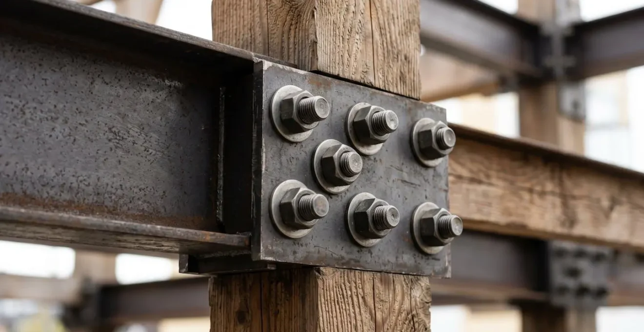 Structure métallique boulonnée démontable avec éléments en bois vissés, montrant les connexions réversibles pour faciliter le réemploi futur