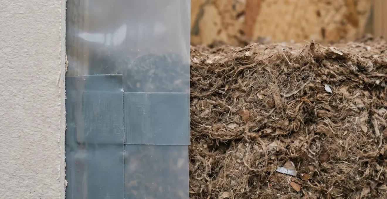 Coupe détaillée d'un mur avec pare-vapeur et isolation en ouate de cellulose