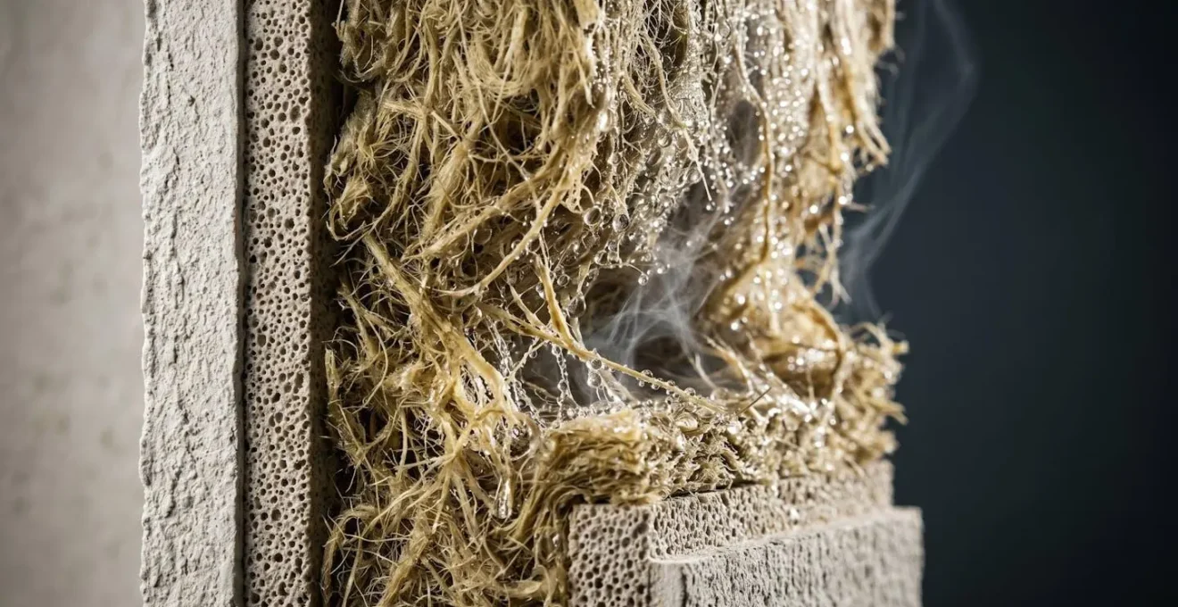 Schéma en coupe d'un mur montrant la migration de vapeur d'eau à travers un isolant biosourcé