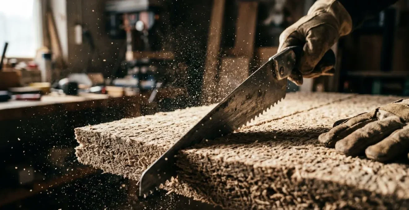 Artisan découpant un panneau de fibre de bois avec une scie spécialisée