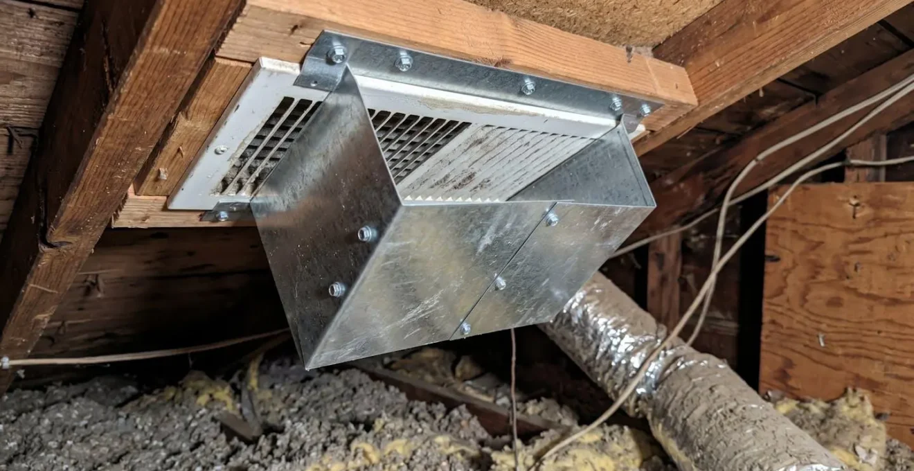 Vue macro détaillée d'un déflecteur installé autour d'une chatière de ventilation dans des combles