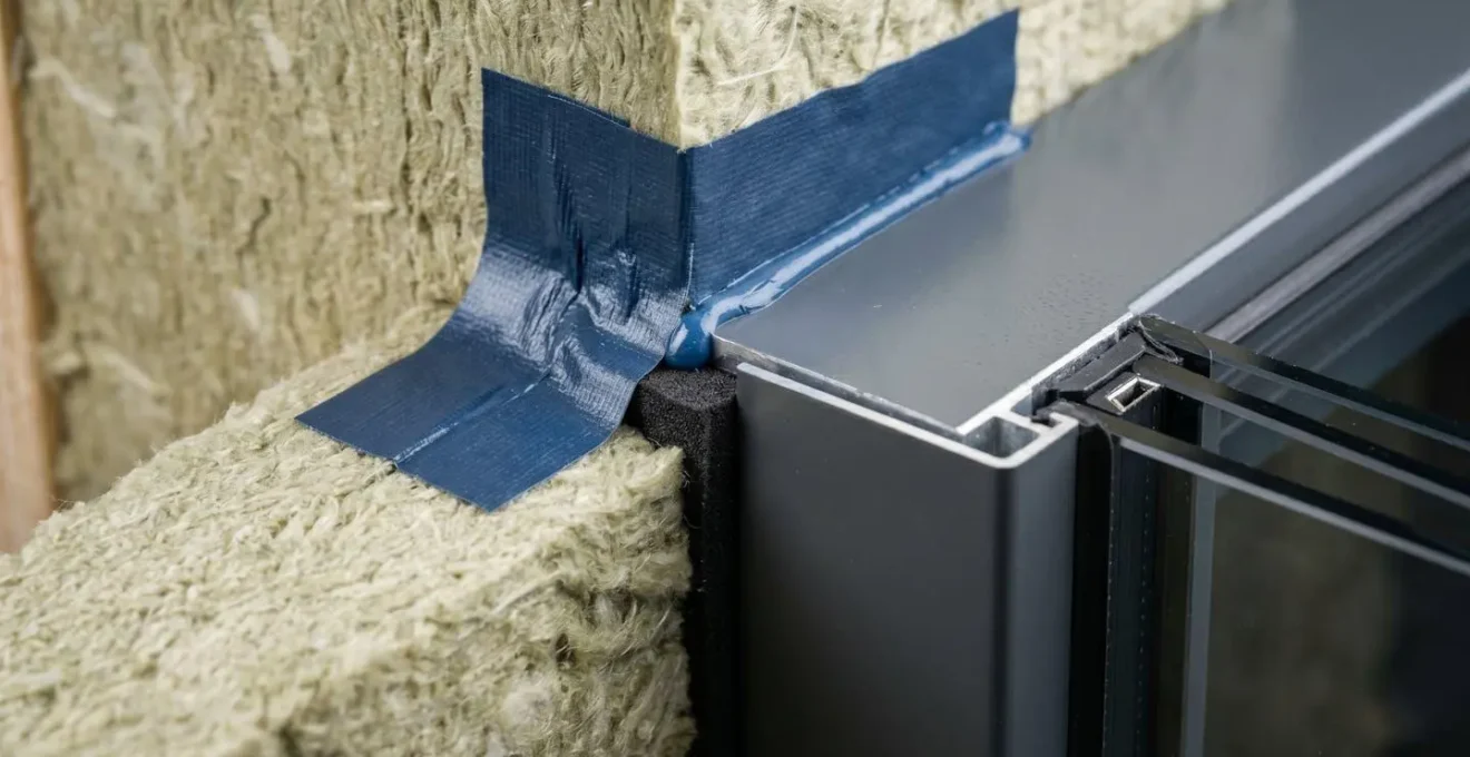 Vue macro détaillée de la jonction entre une fenêtre triple vitrage et l'isolation thermique extérieure montrant la continuité de l'enveloppe