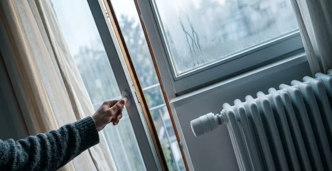 Radiateur moderne avec tête thermostatique près d'une fenêtre entrouverte laissant entrer l'air frais
