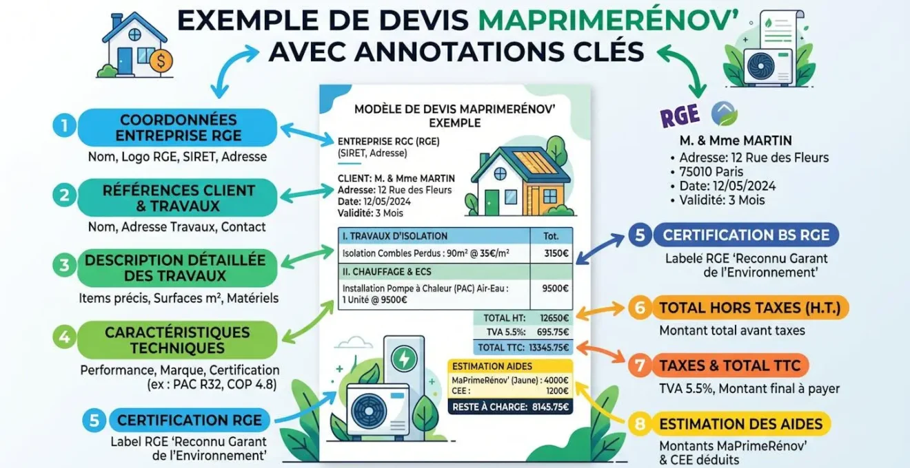 Exemple de devis MaPrimeRénov' avec annotations visuelles des éléments clés