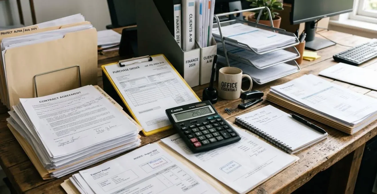 Documents administratifs organisés sur un bureau avec calculatrice